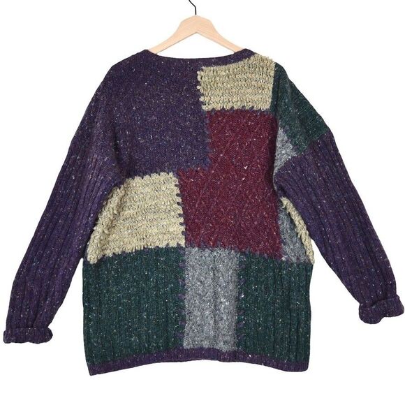 Elements Patchwork Chunky Knit Sweater M 90s Retro Artsy Cottagecore Vintage - Picture 2 of 7